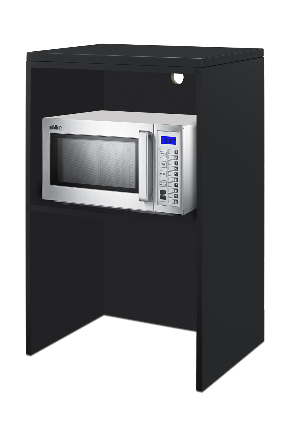 Fully assembled casework hutch in a black finish designed to accept compact microwaves